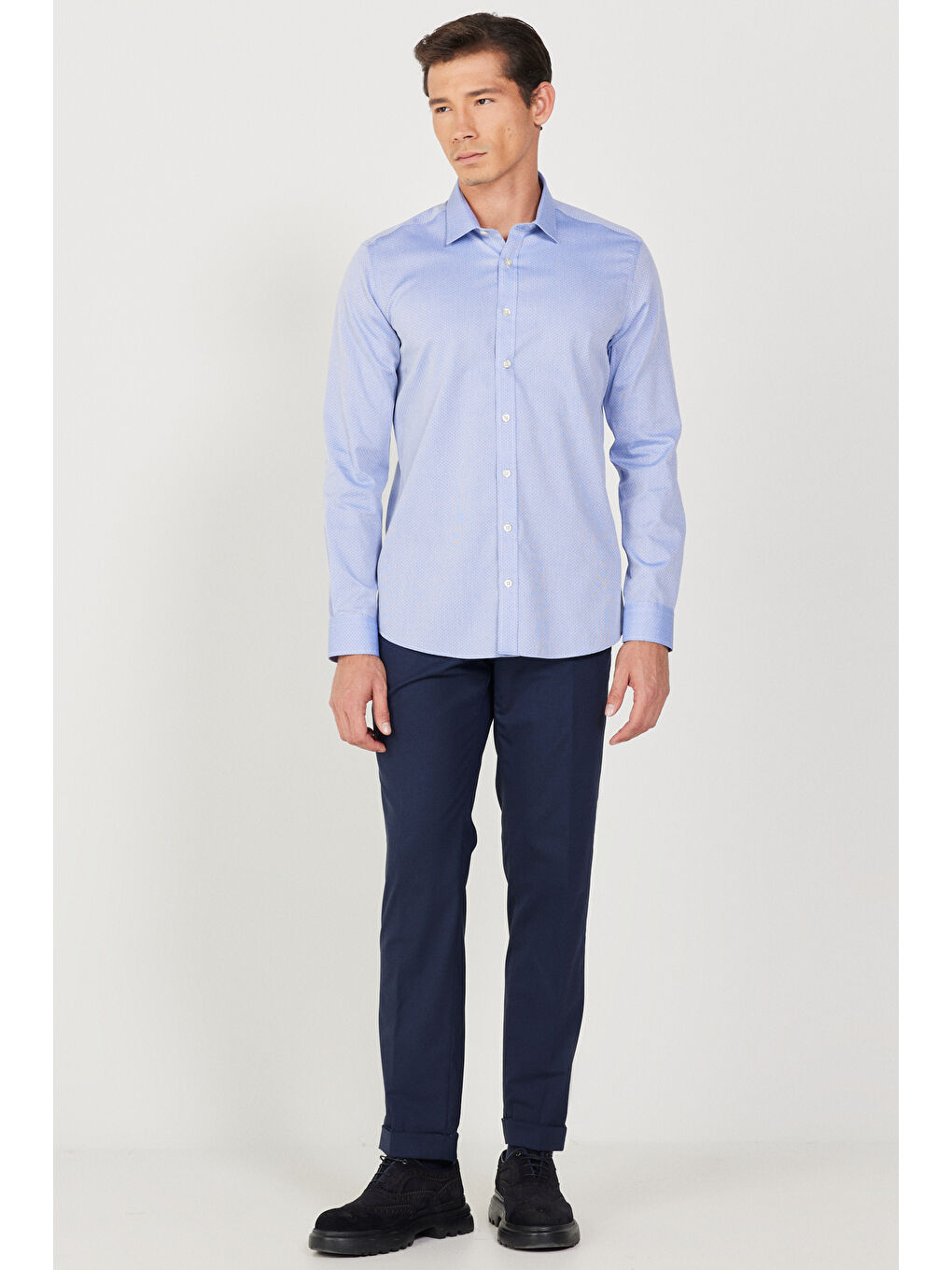 Erkek Mavi Ütü Gerektirmeyen Taılored Slim Fit Dar Kesim %100 Pamuk Desenli Non-Iron Gömlek-1