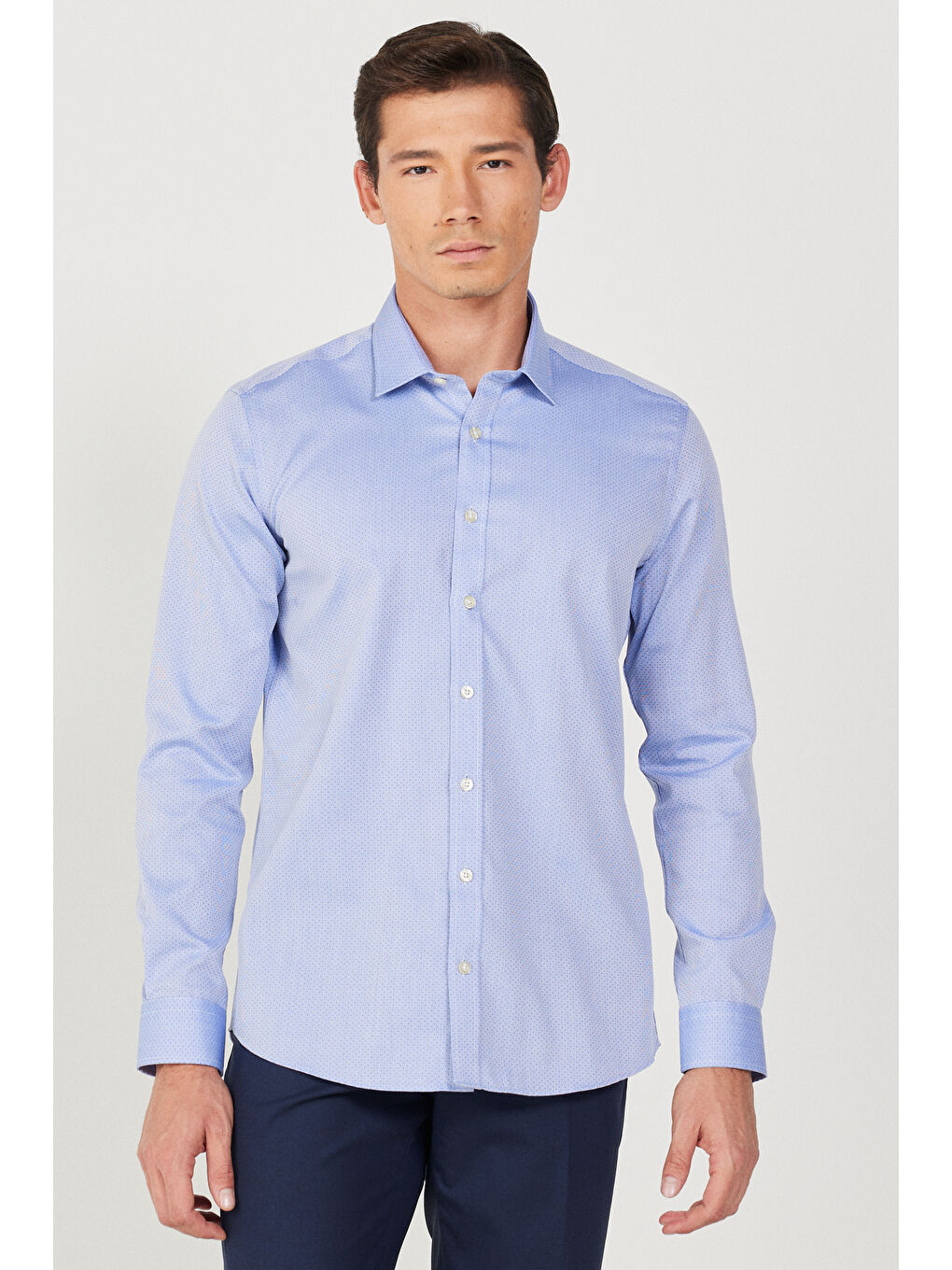 Erkek Mavi Ütü Gerektirmeyen Taılored Slim Fit Dar Kesim %100 Pamuk Desenli Non-Iron Gömlek-2