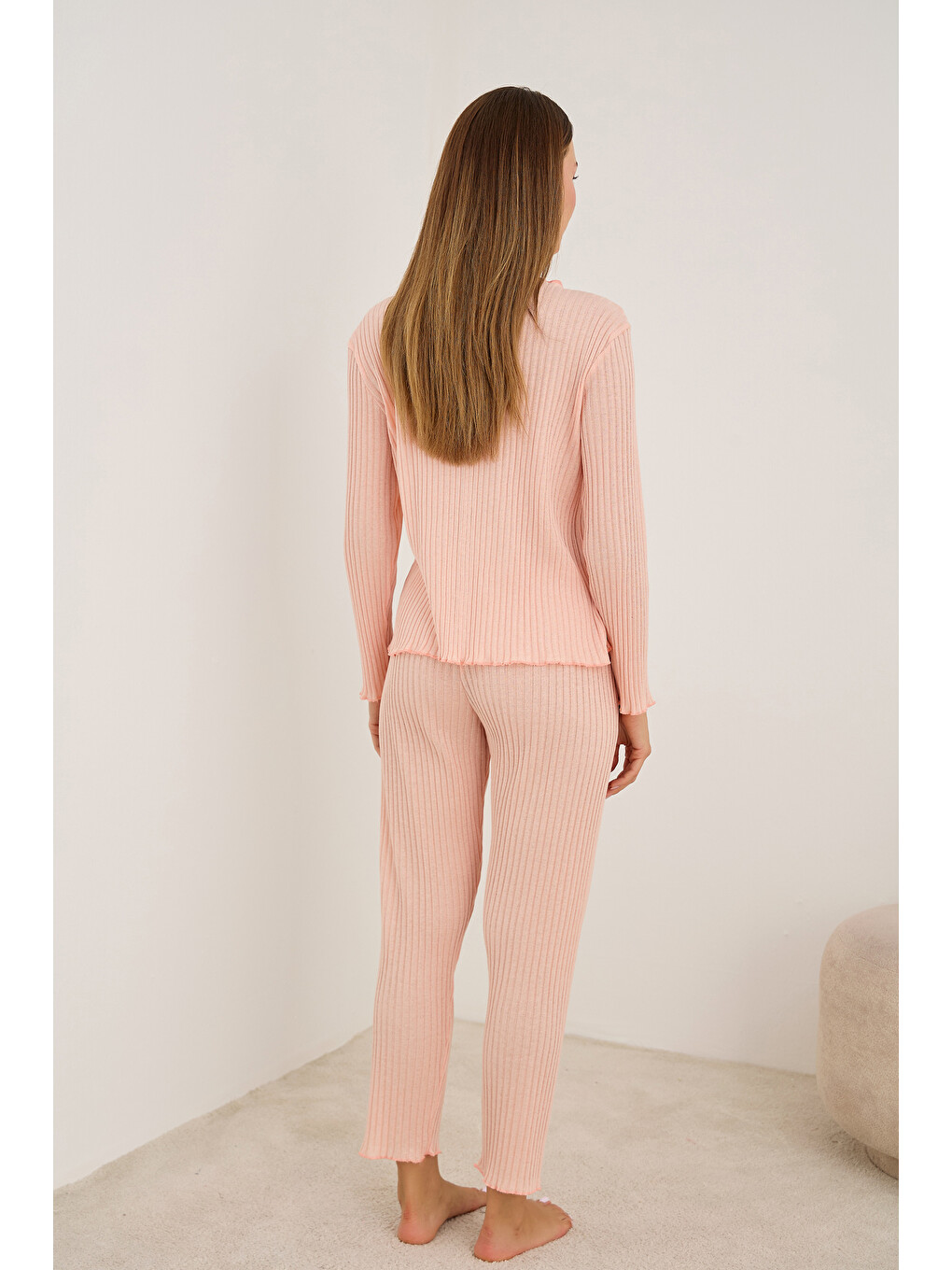Pembe Somon Fiyonklu Fitilli Kaşkorse Uzun Kollu Pijama Takım 7937-2