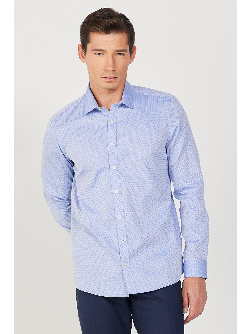 Erkek Mavi Ütü Gerektirmeyen Taılored Slim Fit Dar Kesim %100 Pamuk Desenli Non-Iron Gömlek-3