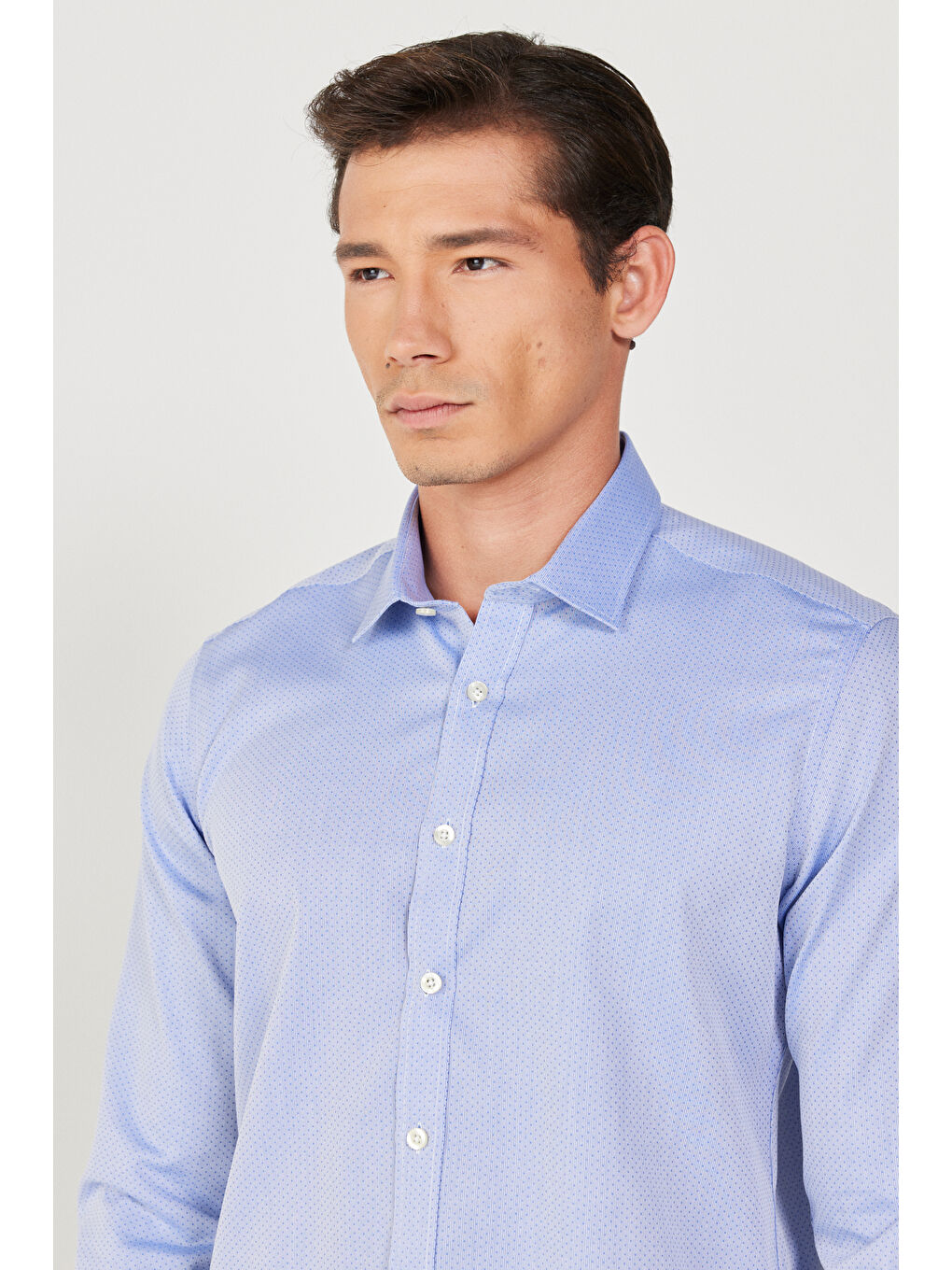 Erkek Mavi Ütü Gerektirmeyen Taılored Slim Fit Dar Kesim %100 Pamuk Desenli Non-Iron Gömlek-4