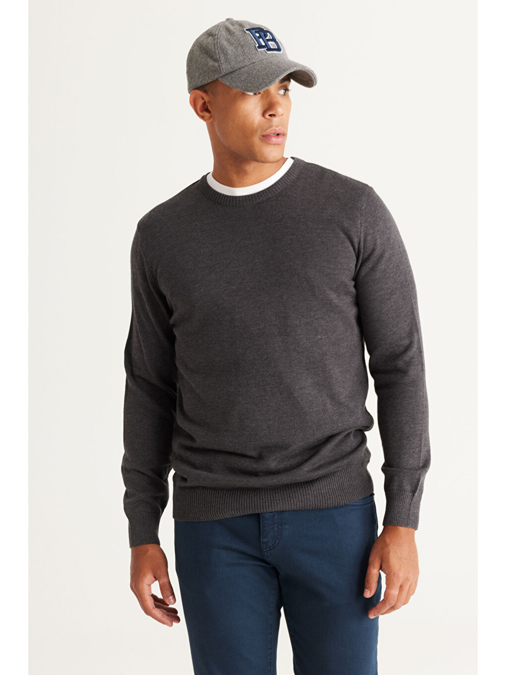 Erkek Antrasit-Melanj Standart Fit Normal Kesim Bisiklet Yaka Pamuklu Triko Kazak-1