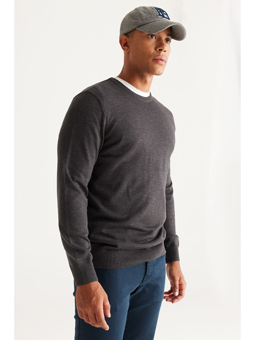 Erkek Antrasit-Melanj Standart Fit Normal Kesim Bisiklet Yaka Pamuklu Triko Kazak-2