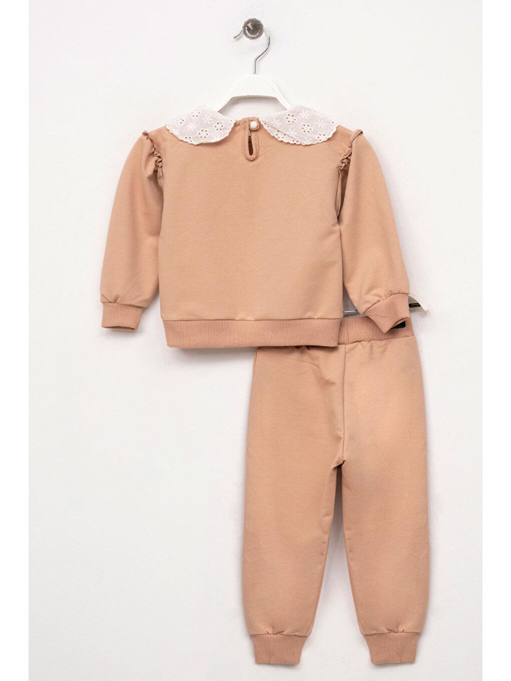 Bebe Yaka Uzun Kol Dantelli Omuz Fırfırlı Bej Renk Kız Çocuk Eşofman Takım-1