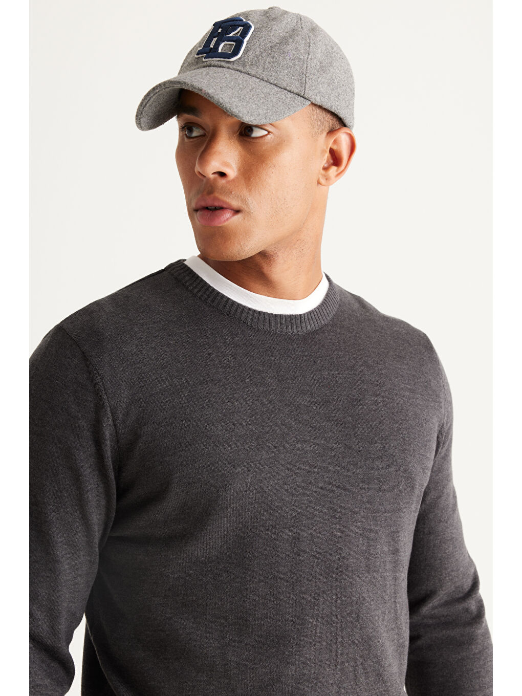 Erkek Antrasit-Melanj Standart Fit Normal Kesim Bisiklet Yaka Pamuklu Triko Kazak-3