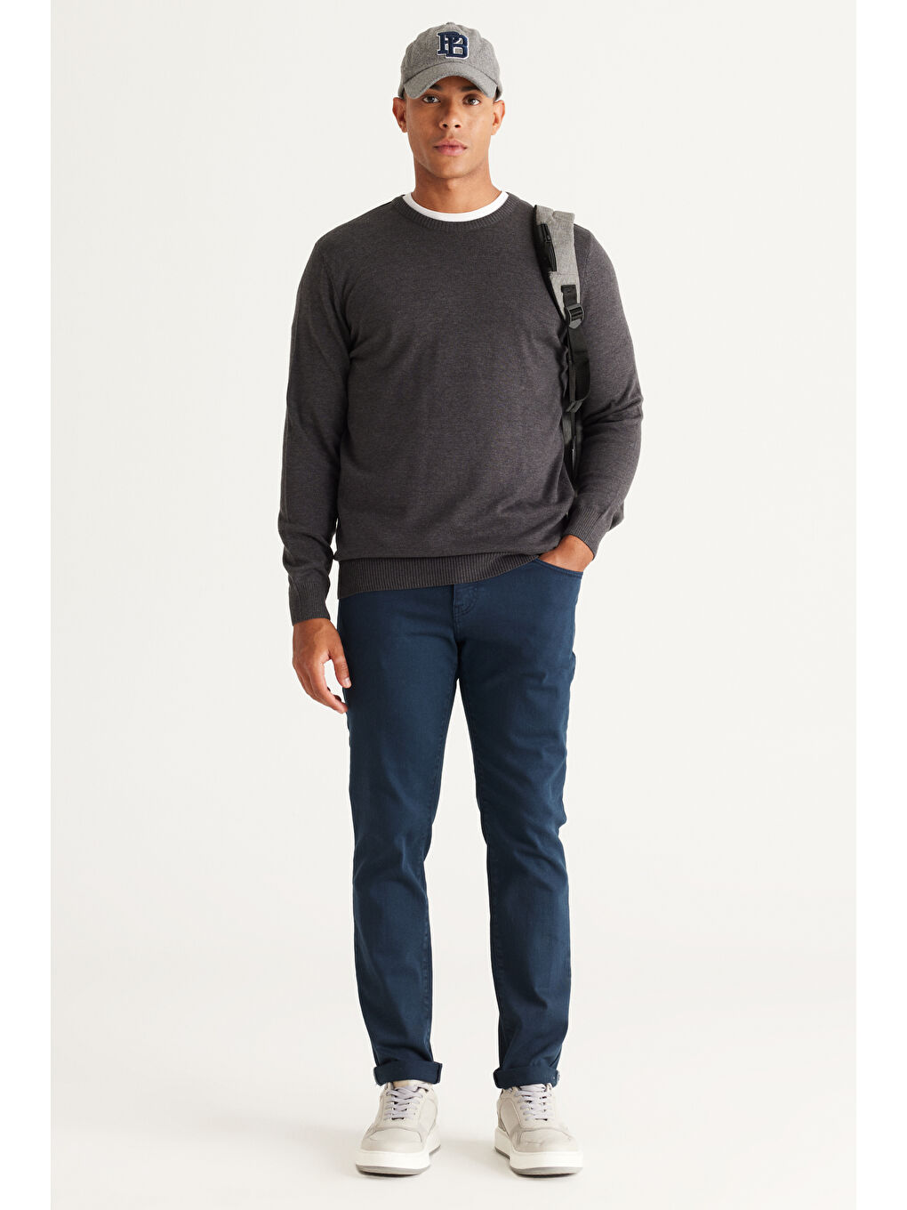 Erkek Antrasit-Melanj Standart Fit Normal Kesim Bisiklet Yaka Pamuklu Triko Kazak-4