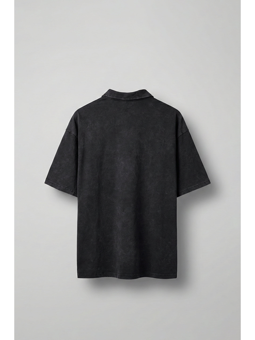 Erkek Oversize Yıkamalı Gül Nakışlı Polo Yaka T-Shirt Siyah-1