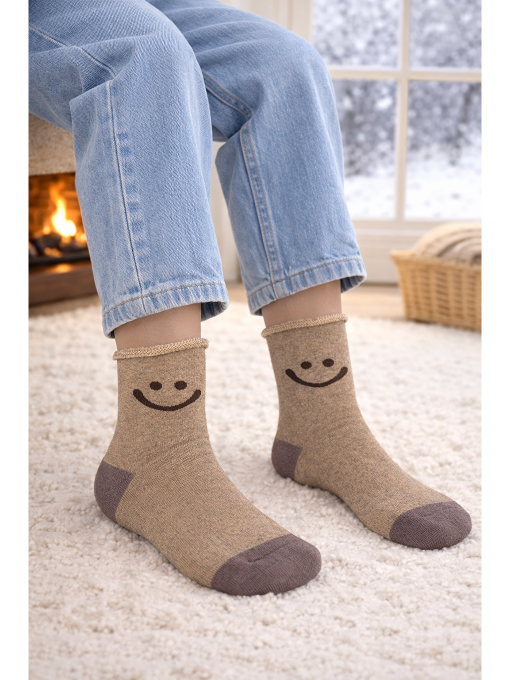 Beyaz Çocuk Gülen Surat Desenli Sürpriz Havlu Soket Çorap Çok Renkli-10