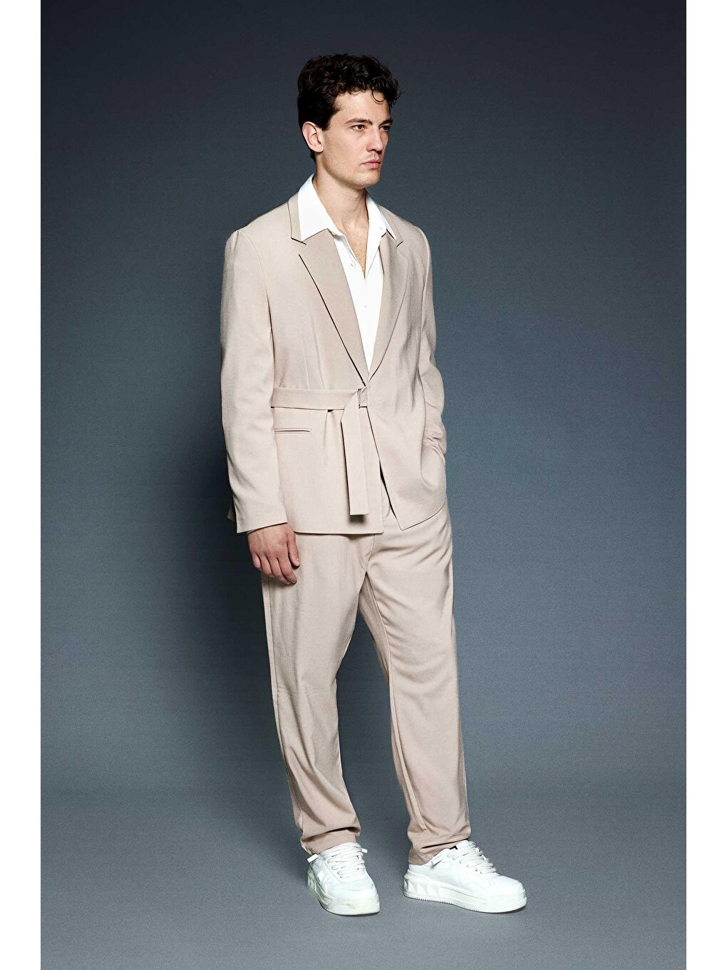 Erkek Kemerli Oversize Takım Elbise Bej