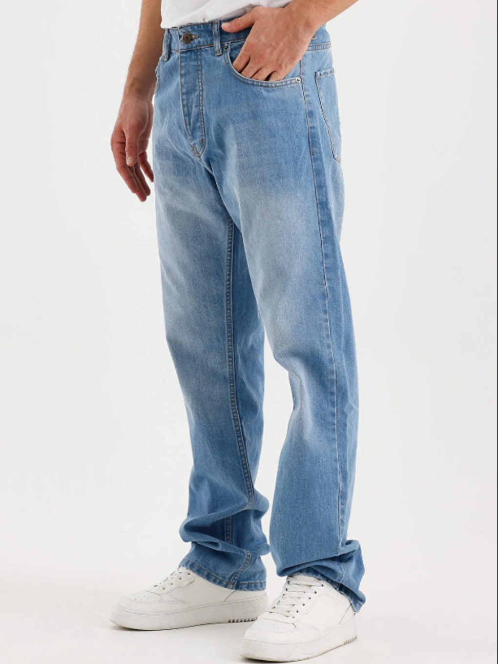 Erkek Açık Mavi Düz Süper Baggy Paça Uzun Jean Pantolon-1