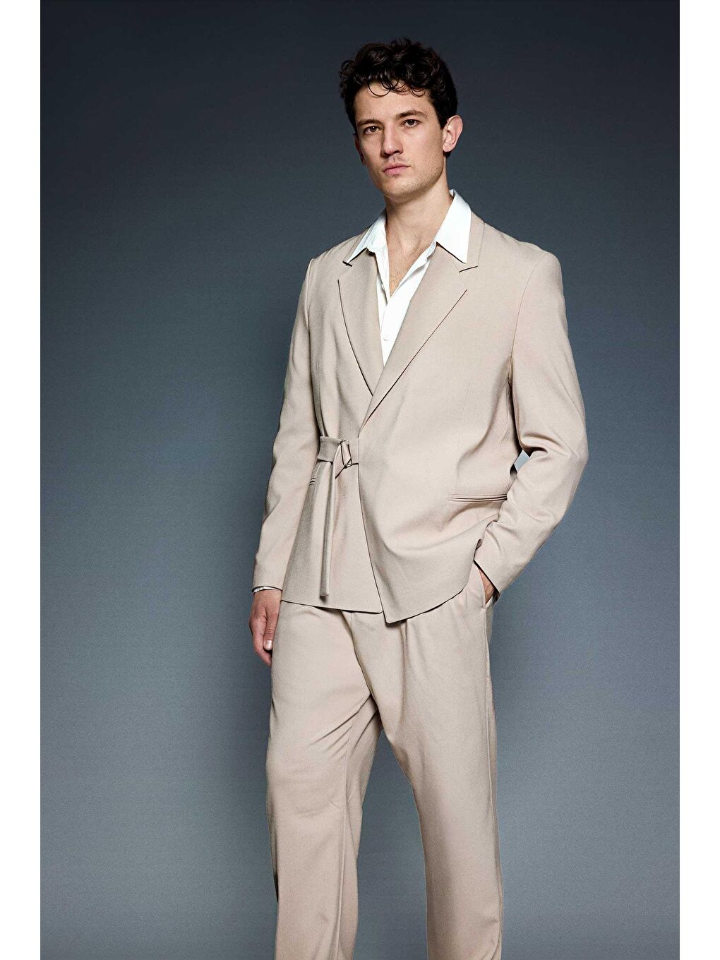 Erkek Kemerli Oversize Takım Elbise Bej-1