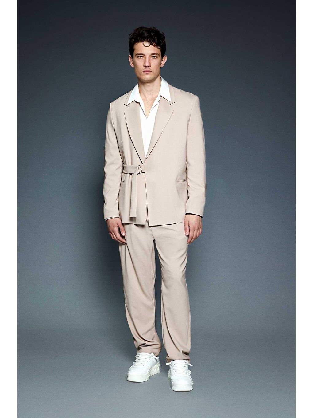 Erkek Kemerli Oversize Takım Elbise Bej-2
