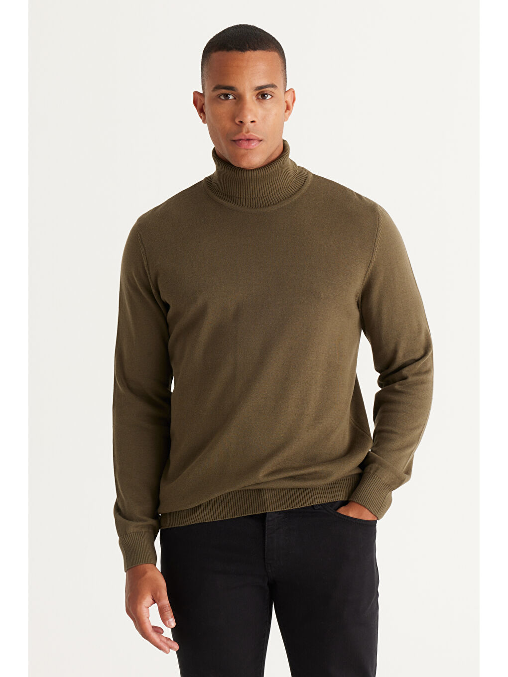 Erkek Haki Standart Fit Normal Kesim Tam Balıkçı Yaka Pamuklu Triko Kazak