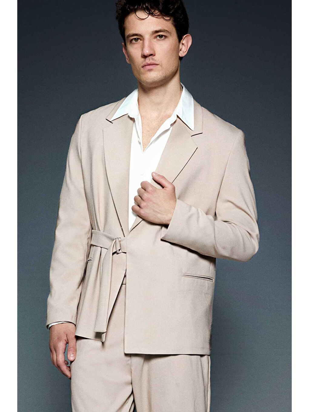 Erkek Kemerli Oversize Takım Elbise Bej-3