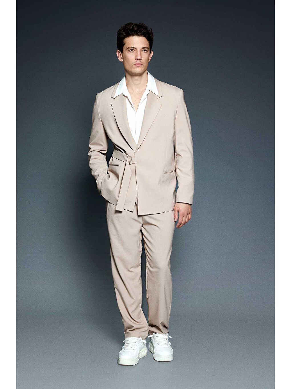 Erkek Kemerli Oversize Takım Elbise Bej-4