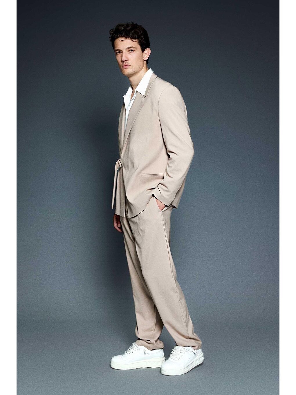 Erkek Kemerli Oversize Takım Elbise Bej-5