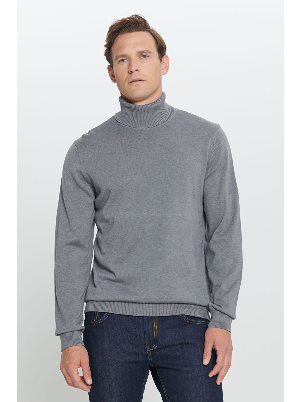 Erkek Gri Melanj Standart Fit Normal Kesim Tam Balıkçı Yaka Pamuklu Triko Kazak-2