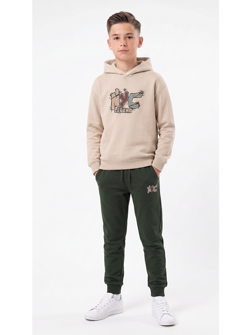 Haki Nyc Legend Baskılı Kapüşonlu Alt Üst Erkek Çocuk Eşofman Takımı-1