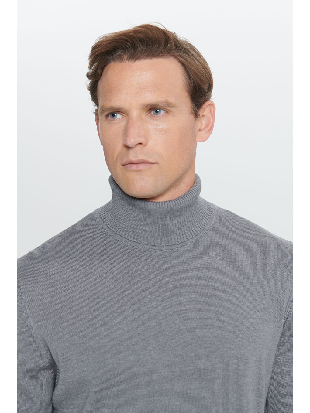 Erkek Gri Melanj Standart Fit Normal Kesim Tam Balıkçı Yaka Pamuklu Triko Kazak-3