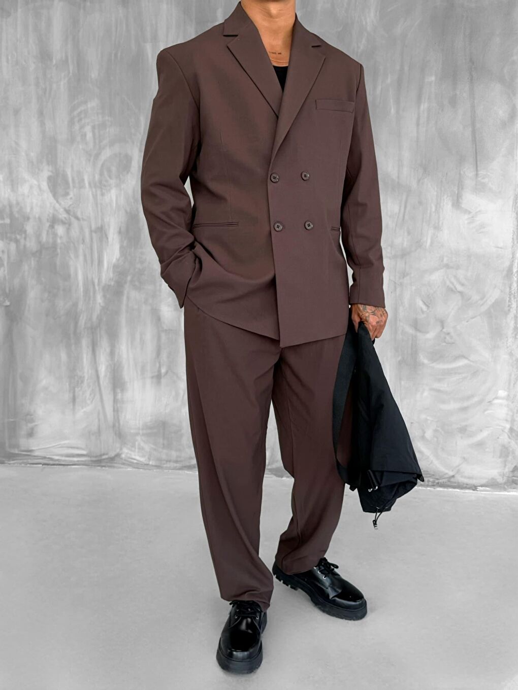 Kahverengi Erkek Oversize Rahat Kalıp Kruvaze Takım Elbise Kahve-1
