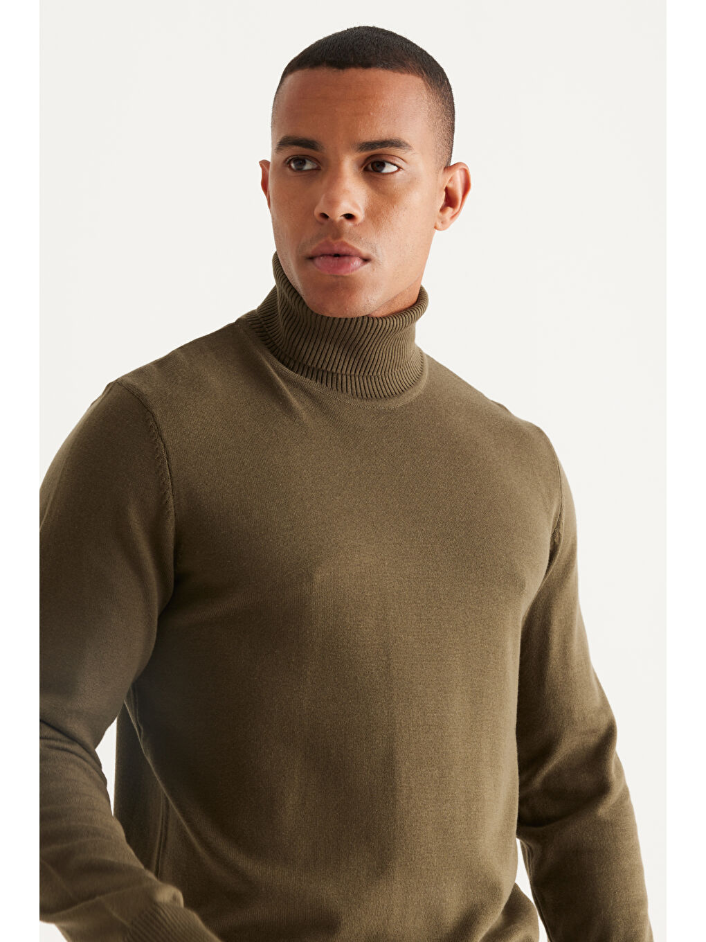 Erkek Haki Standart Fit Normal Kesim Tam Balıkçı Yaka Pamuklu Triko Kazak-2