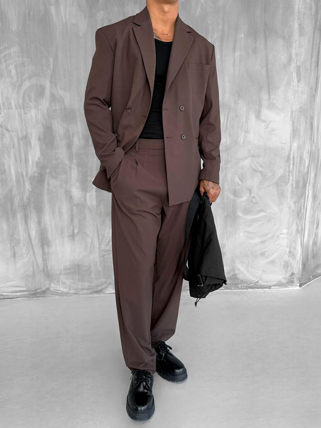 Kahverengi Erkek Oversize Rahat Kalıp Kruvaze Takım Elbise Kahve-2