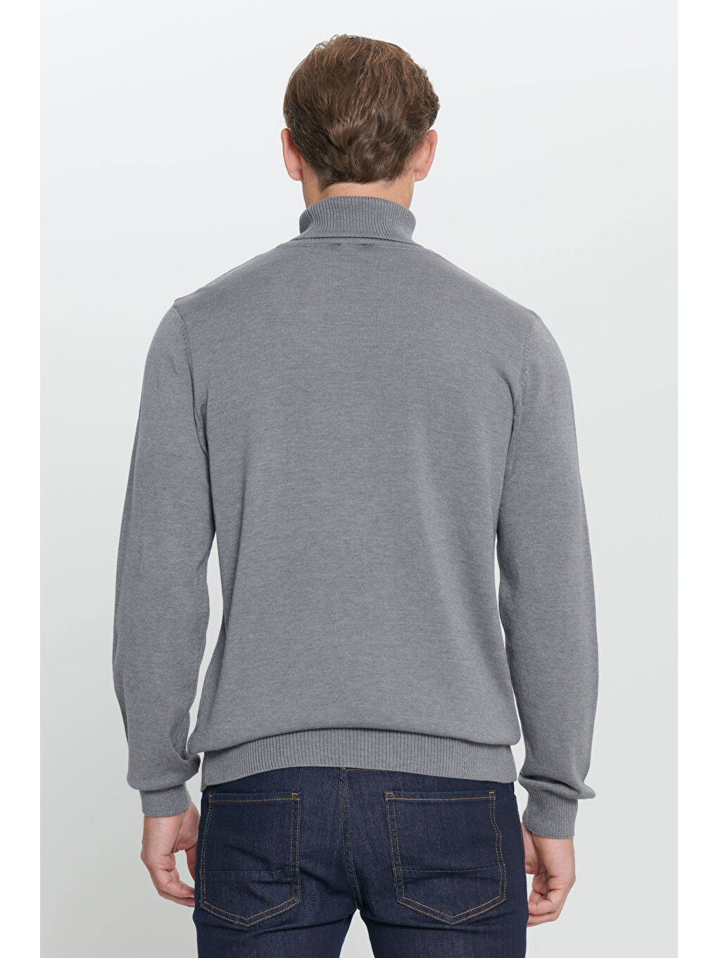 Erkek Gri Melanj Standart Fit Normal Kesim Tam Balıkçı Yaka Pamuklu Triko Kazak-4