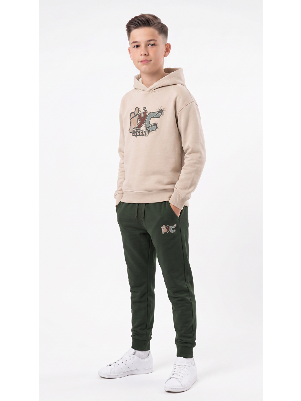 Haki Nyc Legend Baskılı Kapüşonlu Alt Üst Erkek Çocuk Eşofman Takımı-3