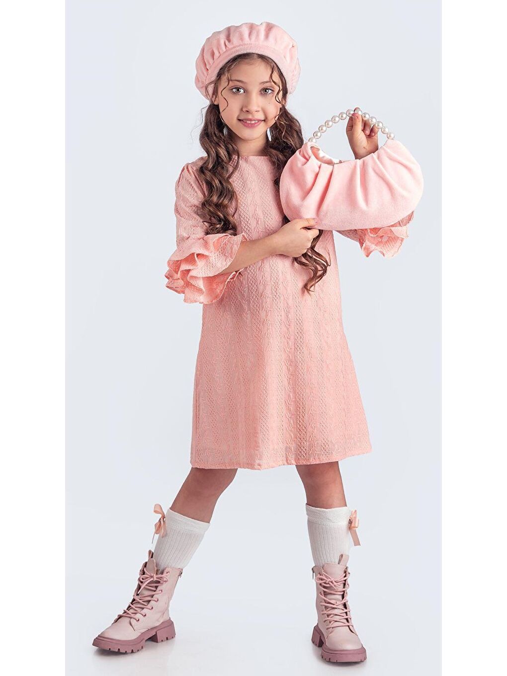 Pembe Miss Clarice Kız Çocuk Fransız Bere, Çanta, Çorap Ve Elbise Takım M00704-2