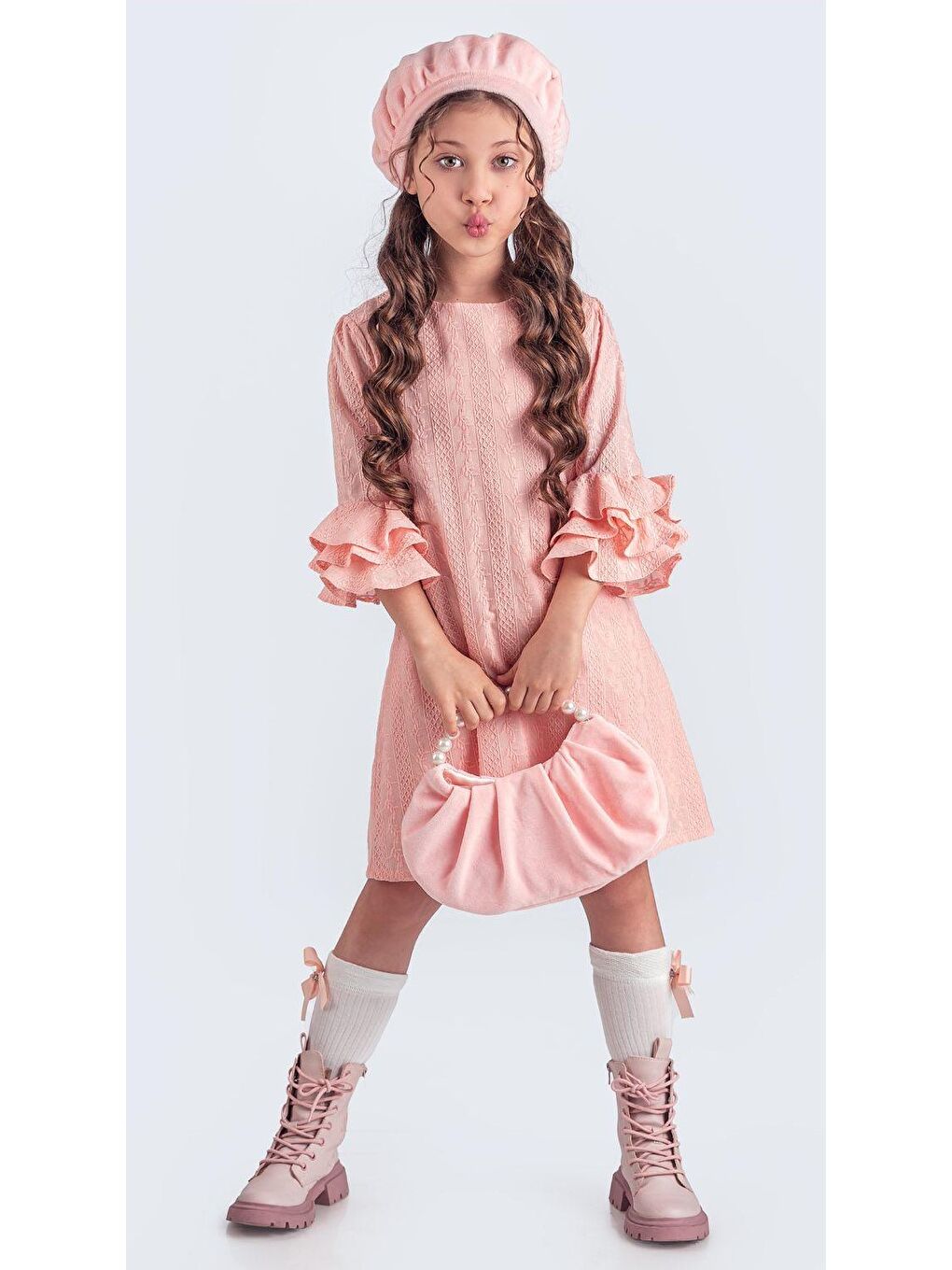 Pembe Miss Clarice Kız Çocuk Fransız Bere, Çanta, Çorap Ve Elbise Takım M00704-5