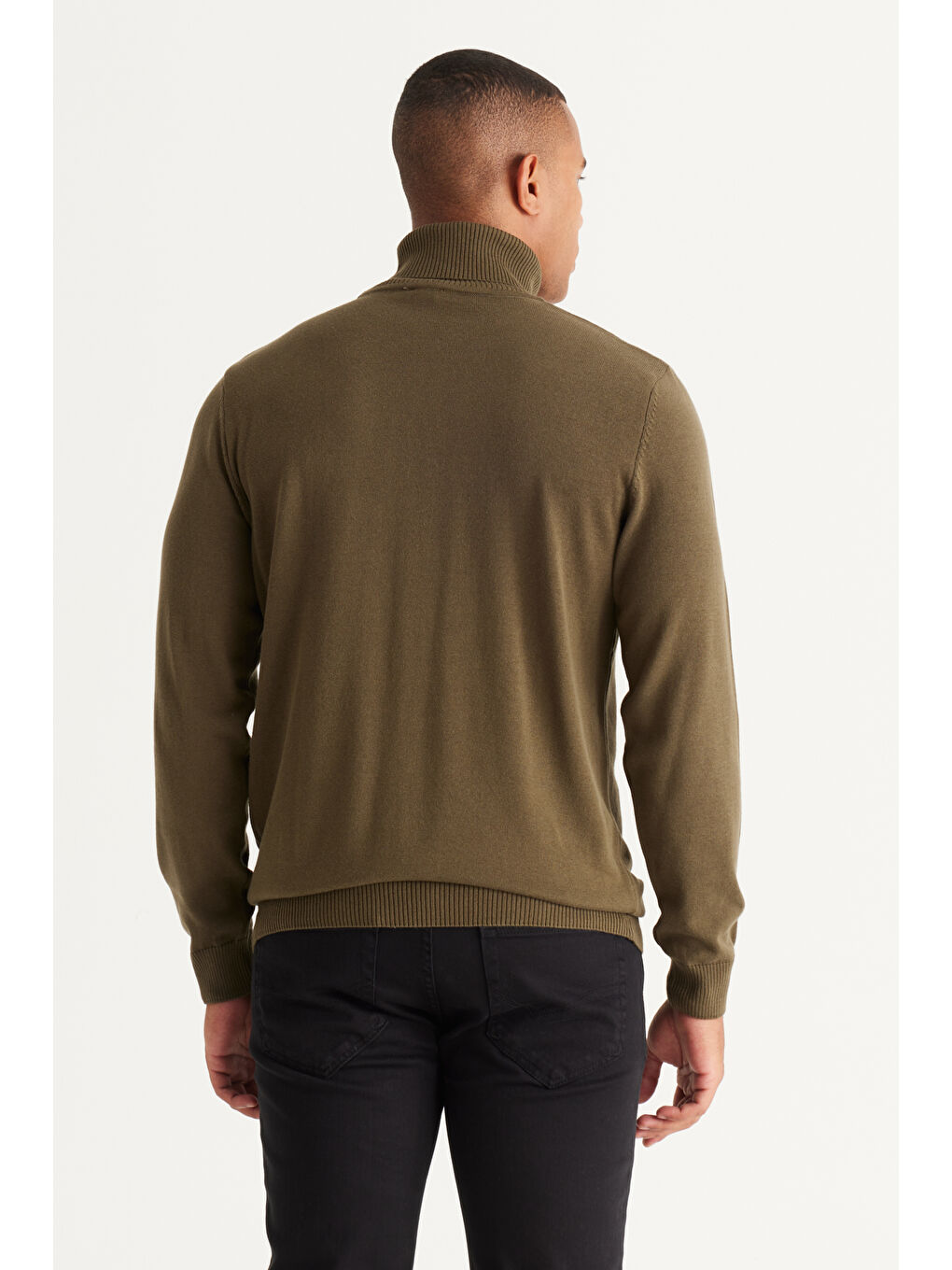 Erkek Haki Standart Fit Normal Kesim Tam Balıkçı Yaka Pamuklu Triko Kazak-5
