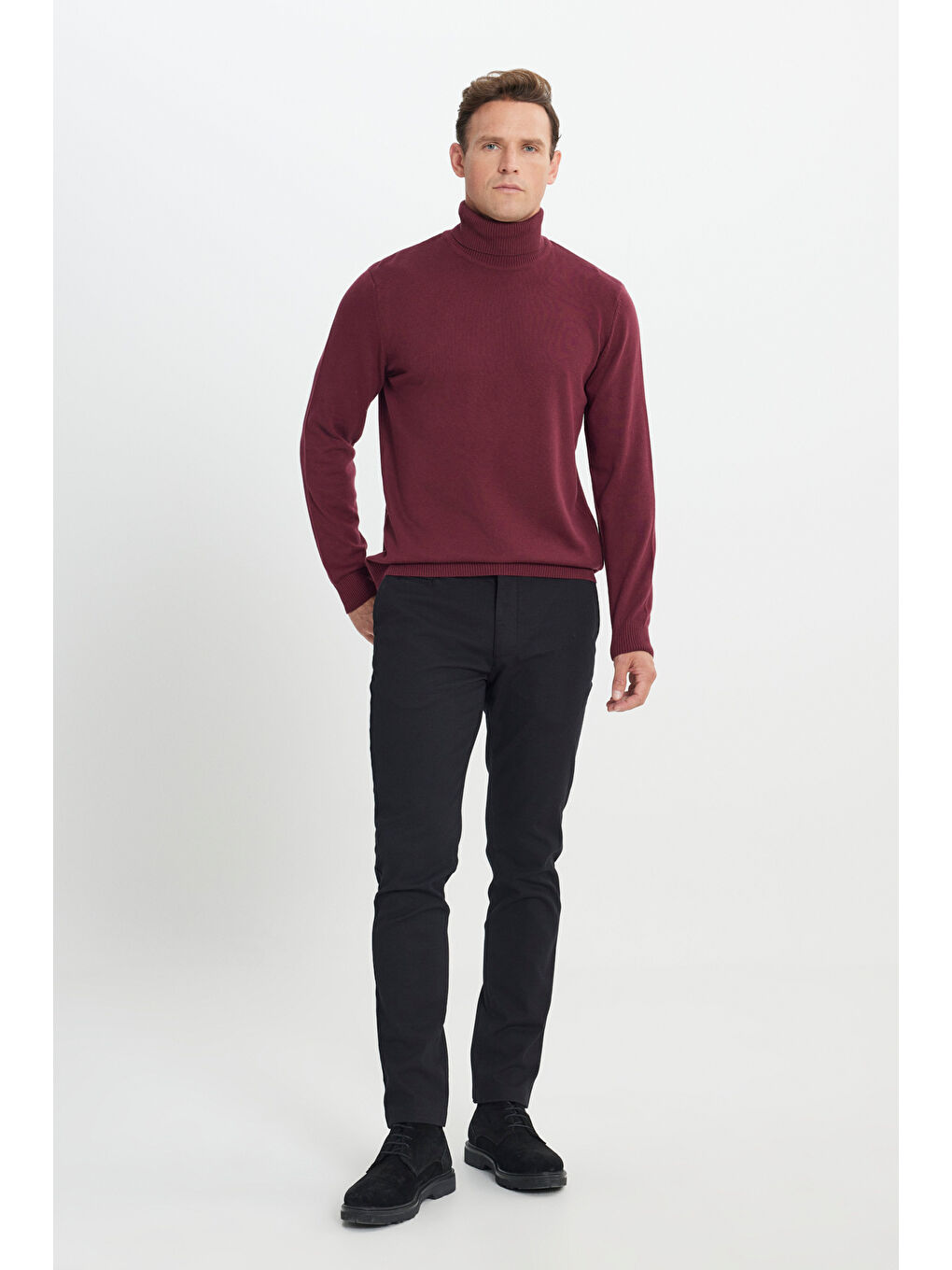 Erkek Bordo Standart Fit Normal Kesim Tam Balıkçı Yaka Pamuklu Triko Kazak-1