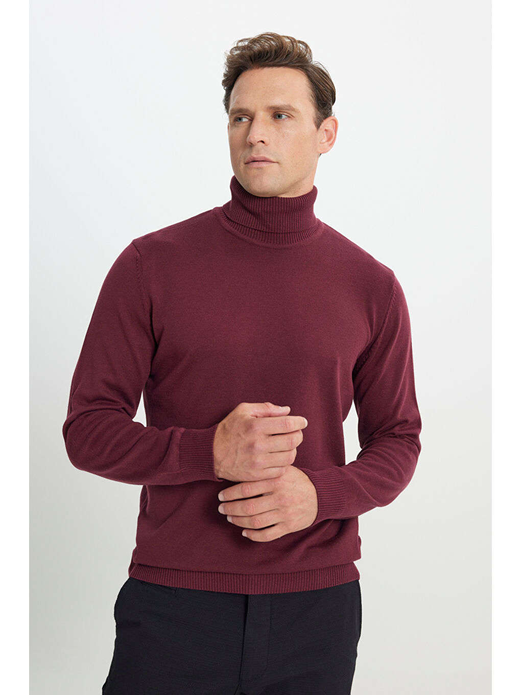 Erkek Bordo Standart Fit Normal Kesim Tam Balıkçı Yaka Pamuklu Triko Kazak-2