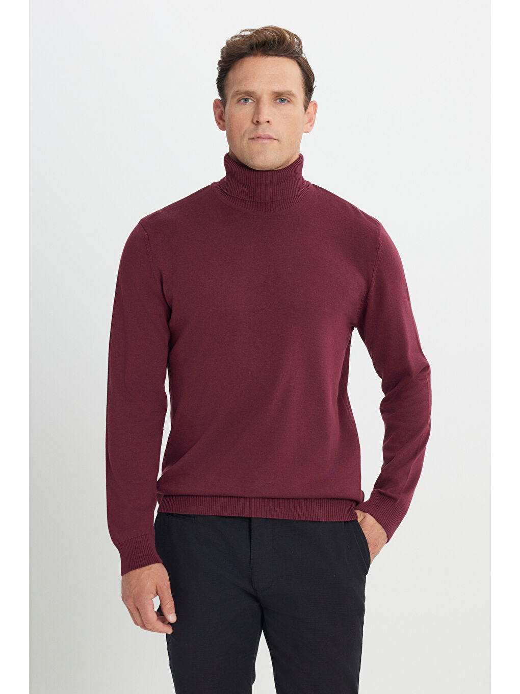 Erkek Bordo Standart Fit Normal Kesim Tam Balıkçı Yaka Pamuklu Triko Kazak-3