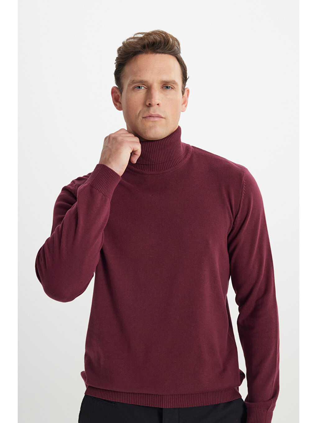 Erkek Bordo Standart Fit Normal Kesim Tam Balıkçı Yaka Pamuklu Triko Kazak-4