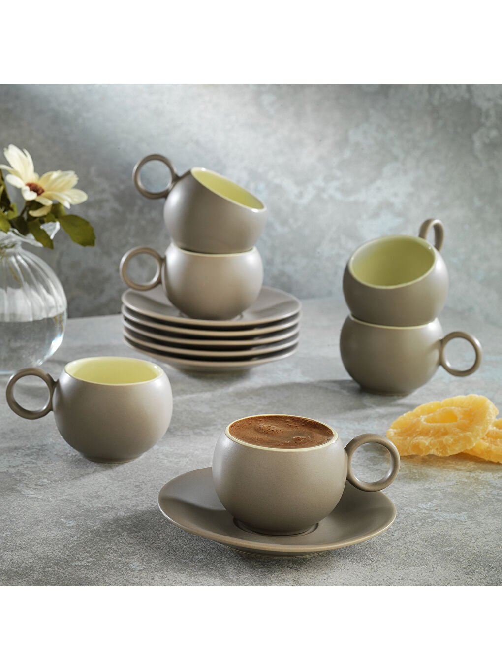 Kahverengi Aurora 6 Kişilik Kahve Fincan Seti 12 Parça-Kahve/Bej