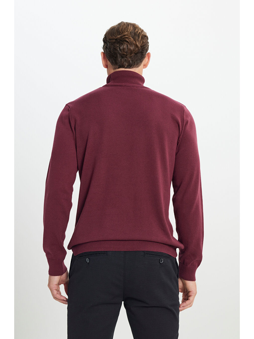 Erkek Bordo Standart Fit Normal Kesim Tam Balıkçı Yaka Pamuklu Triko Kazak-5