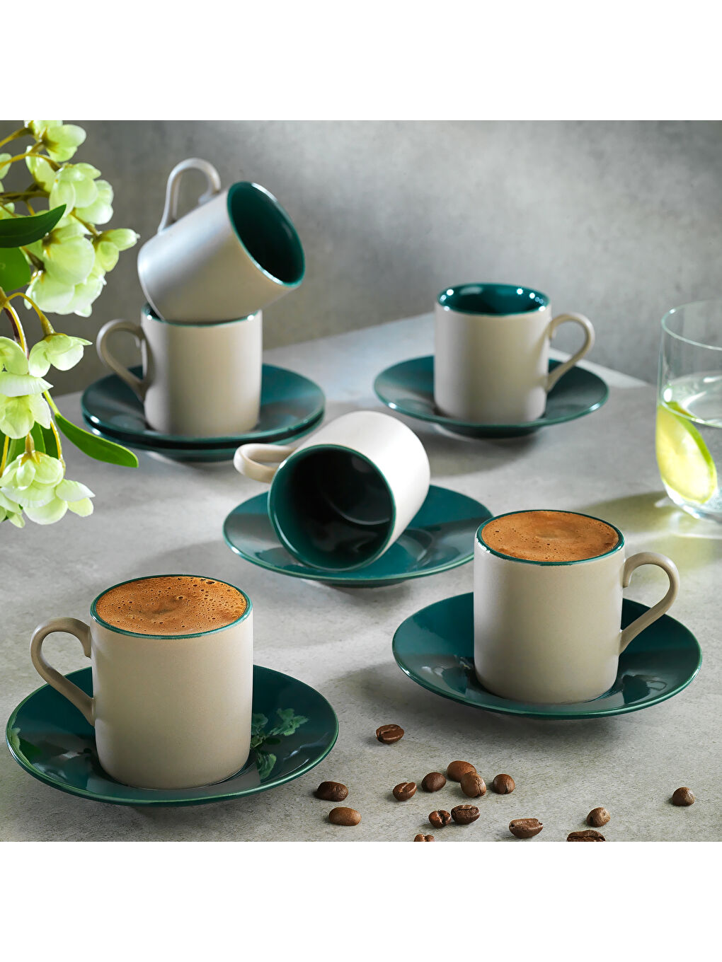 Aurora 6 Kişilik Kahve Fincan Seti 12 Parça-Gri/Yeşil