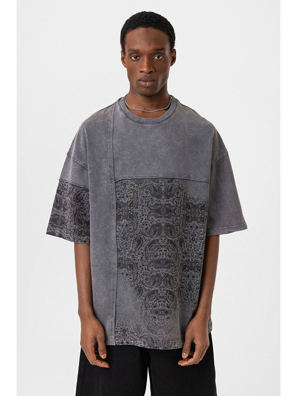 Bisiklet Yaka Yıkamalı Oversize Tişört Siyah-2