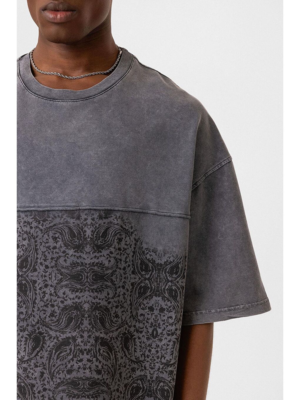 Bisiklet Yaka Yıkamalı Oversize Tişört Siyah-5