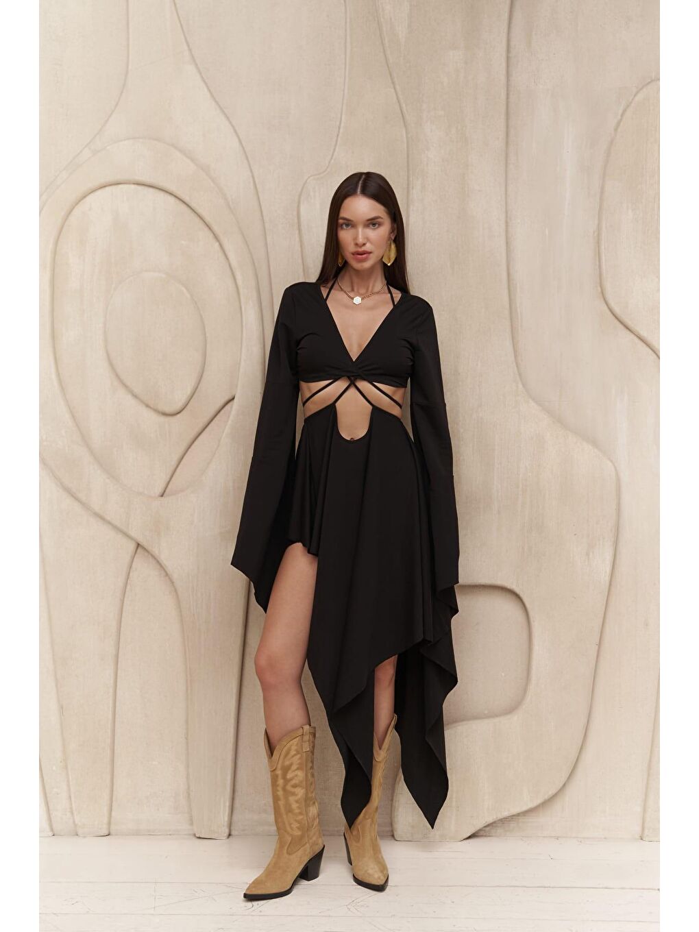 Coachella Siyah Crop Elbise Takım-1