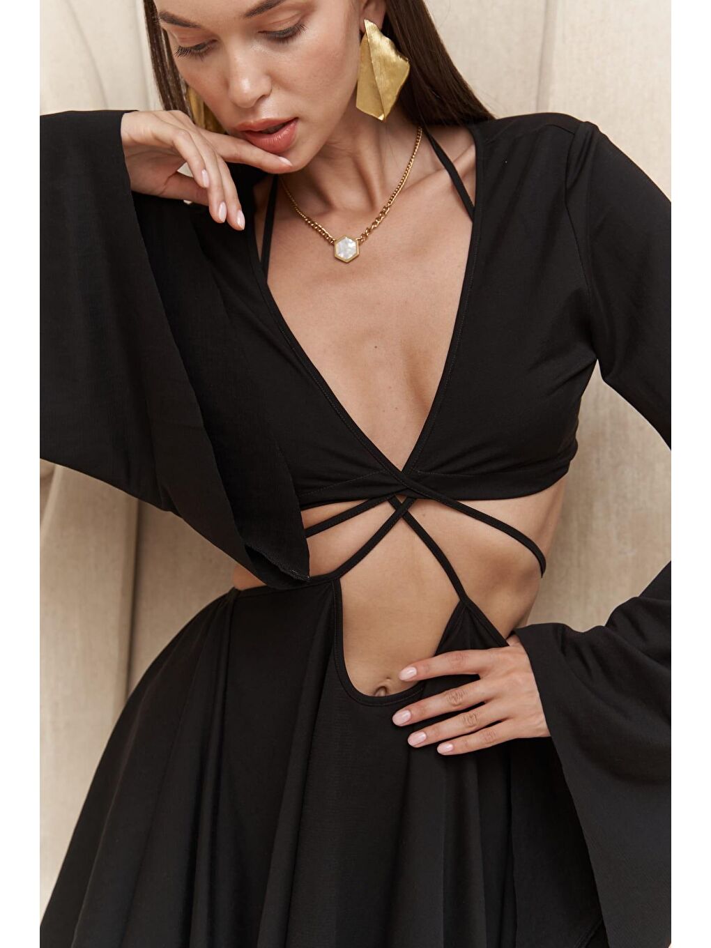 Coachella Siyah Crop Elbise Takım-4