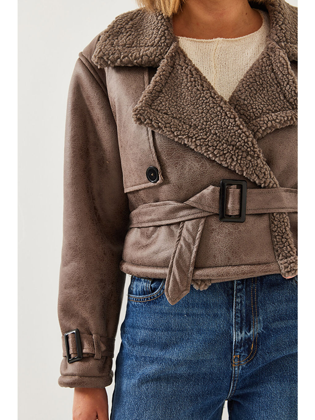 Bej Kadın Aller Detay Crop Lamine Mont-1