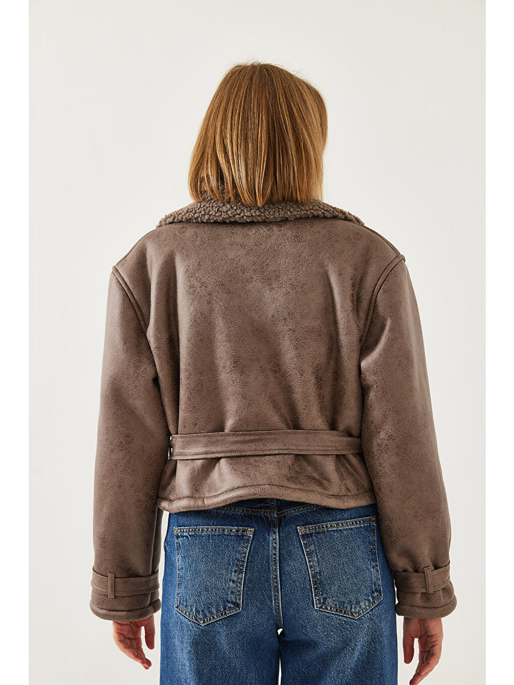 Bej Kadın Aller Detay Crop Lamine Mont-2