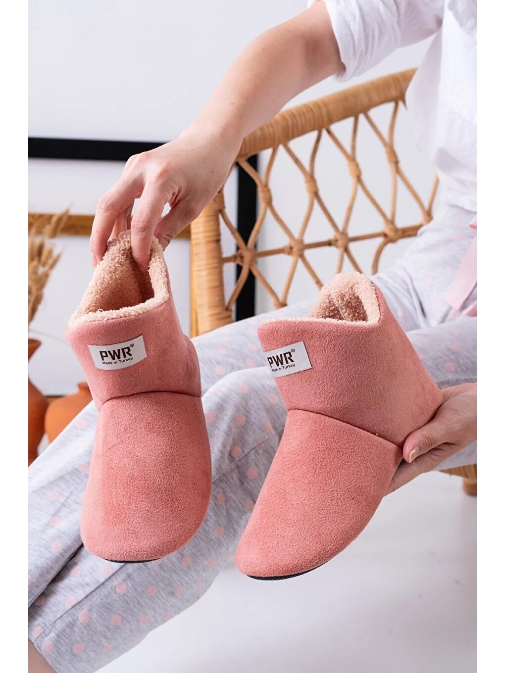 Pembe Unisex Içi Yünlü Ev Pandufu Ev Botu Ev Ayakkabısı-1