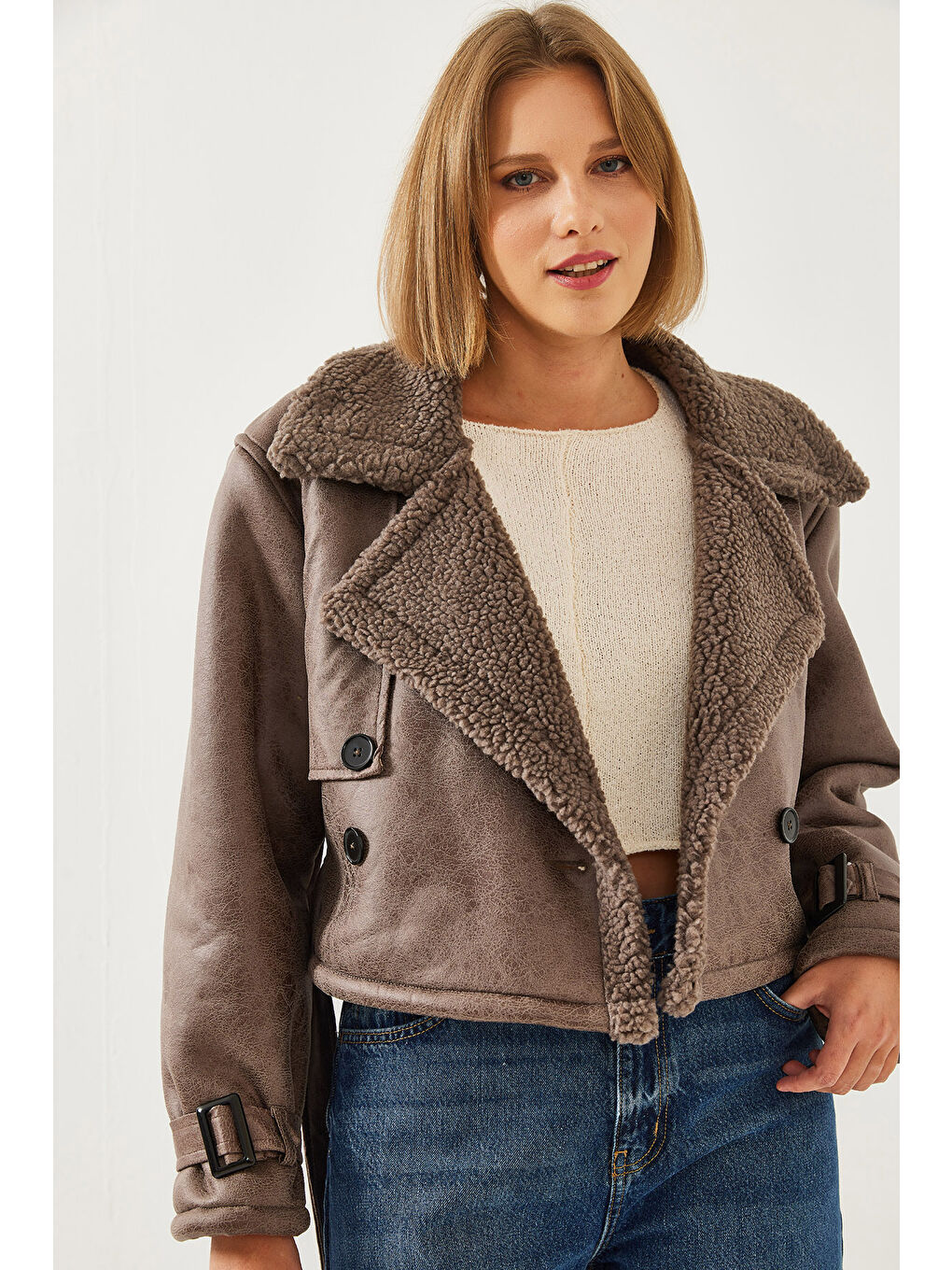 Bej Kadın Aller Detay Crop Lamine Mont-4