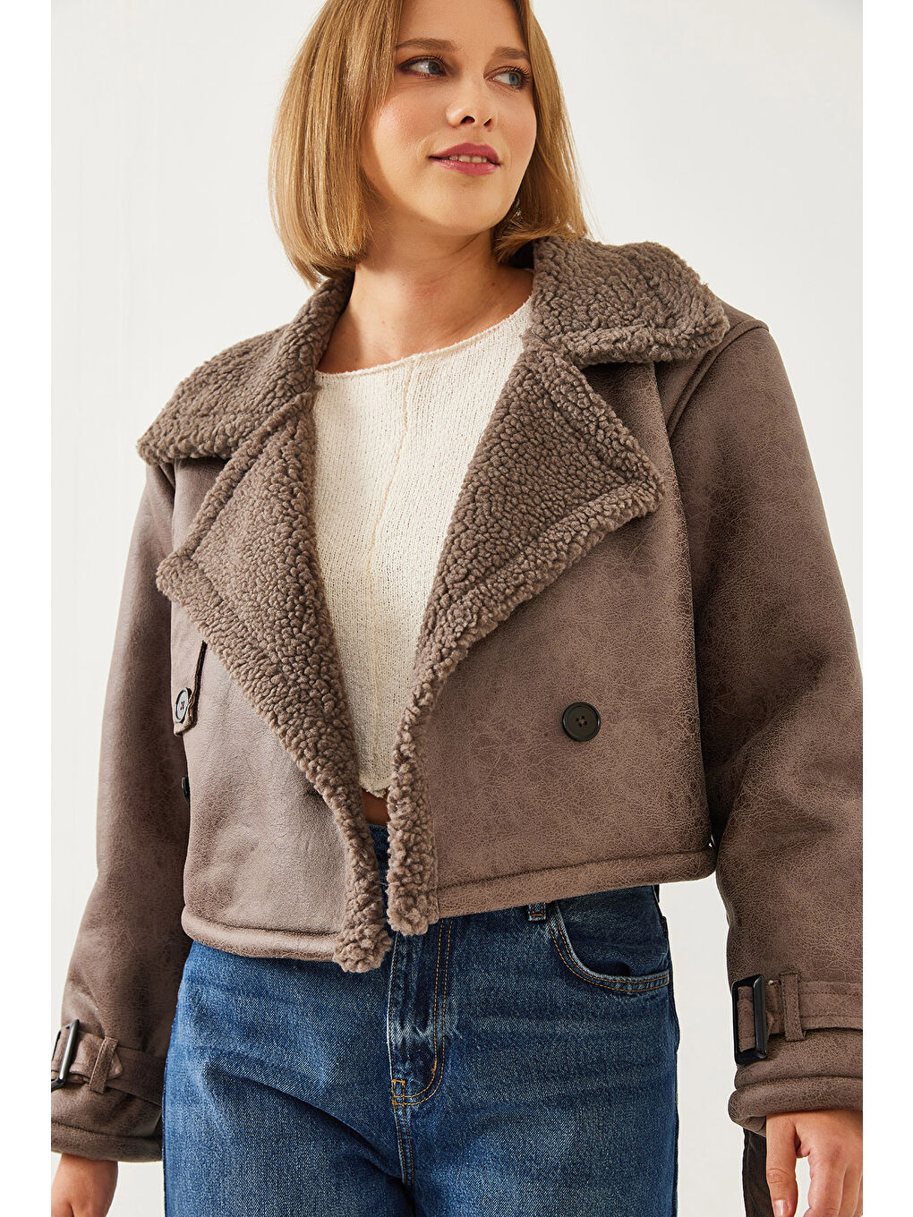 Bej Kadın Aller Detay Crop Lamine Mont-5