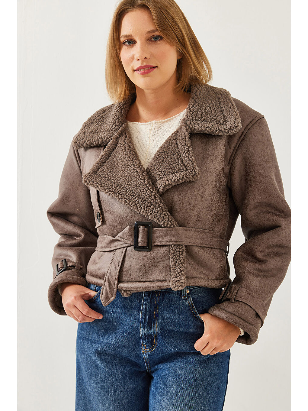 Bej Kadın Aller Detay Crop Lamine Mont-6