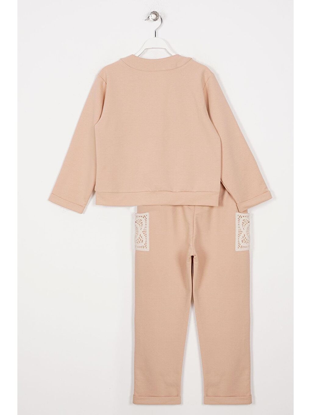 Bisiklet Yaka Uzun Kol Dantel Cep Detaylı Bej Renk Kız Çocuk İkili Takım-1