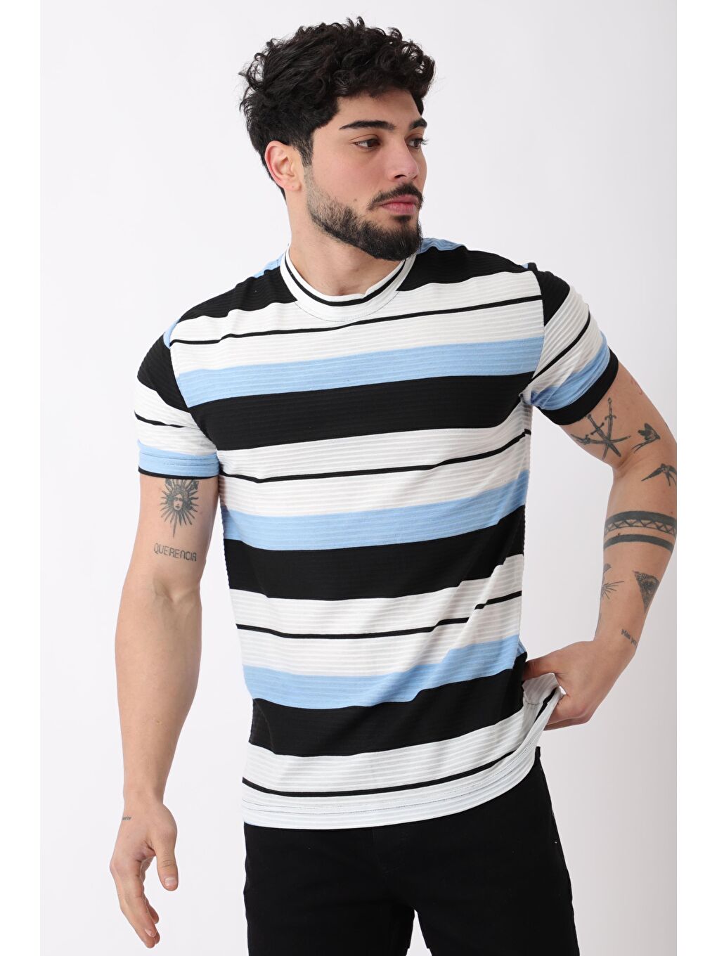 Mavi Çizgili Bisiklet Yaka Tişört JS-1_30461-1